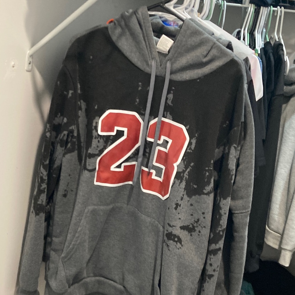 Men's Gray and Black Hoodie with Red 23